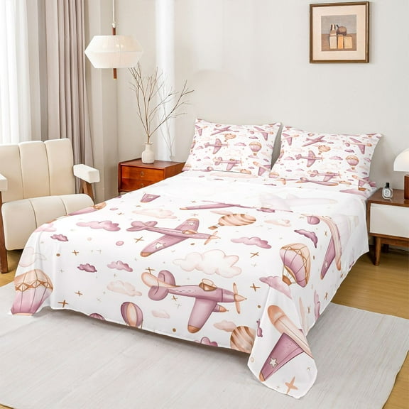 Homewish Pink Airplane Full Size Sheets,Cartoon Aircraft Bed Sheets,Vintage Hot Air Balloon Sheet Sets For Girl Kids,Microfiber Bedroom Decor,4 Pieces