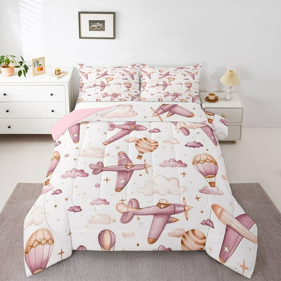 Homewish Pink Airplane Queen Comforter Set,Cartoon Aircraft Bedding Sets,Vintage Hot Air Balloon Bedding Comforter Set For Girl Kids,Microfiber Bedroom Decor Reversible,3pcs