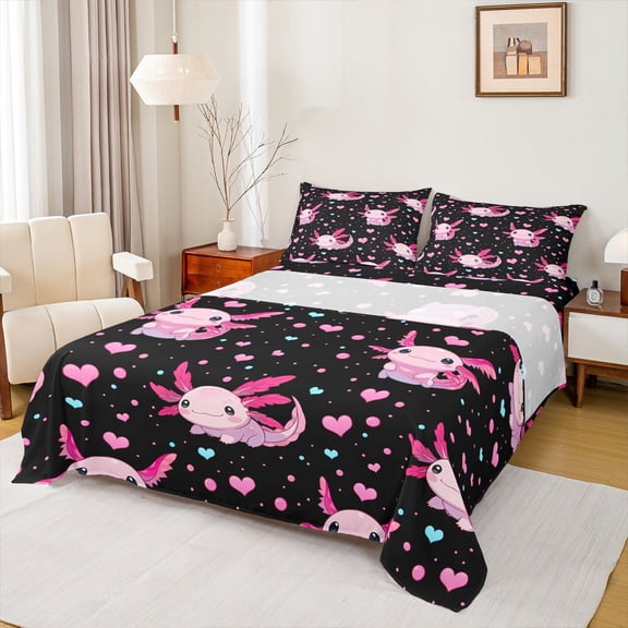 Homewish Pink Axolotl Girl 3pcs Twin Sheet Sets,Love Heart Polka Dots Twin Fitted Sheet,Cartoon Animal Breathable Flat Sheet,Microfiber Bedroom Decor