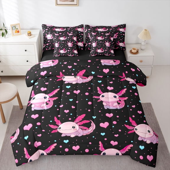 Homewish Pink Axolotl Girl 7-Piece Bedding Comforter Set,Love Heart Polka Dots King Bedding Sets,Cartoon Animal Ultra Soft Bed Sheets,Microfiber Bedroom Decor,Reversible
