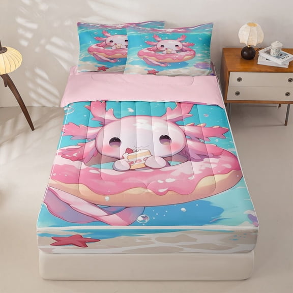 Homewish Pink Axolotl Zipper Twin Comforter Sets with Fitted Sheet and 2 Pillowcases For Girls,Summer Beach Zipper Bedding Set,Pink Reversible,4 Pieces
