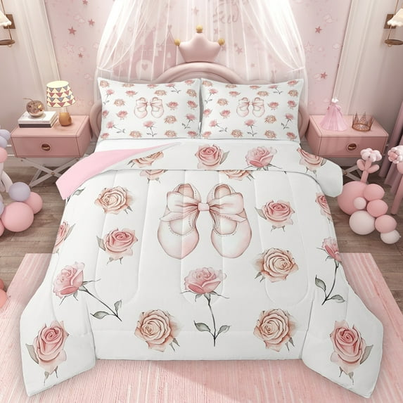 Homewish Pink Ballet Shoes Queen Comforter Set,Cute Flower Floral Bedding Sets,Cartoon Bowtie Ribbon Bedding Comforter Set For Girls Kids,Breathable Home Decor Reversible,3-Piece