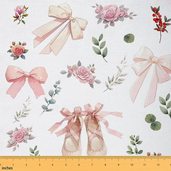 Homewish Pink Ballet Shose Fabric by the Yard 1 Yard for Girls, Kawaii Princess Bowknot Room Decor Fabric by the Yard, Romantic Rose Flower Sewing Fabric, Breathable Home Decor