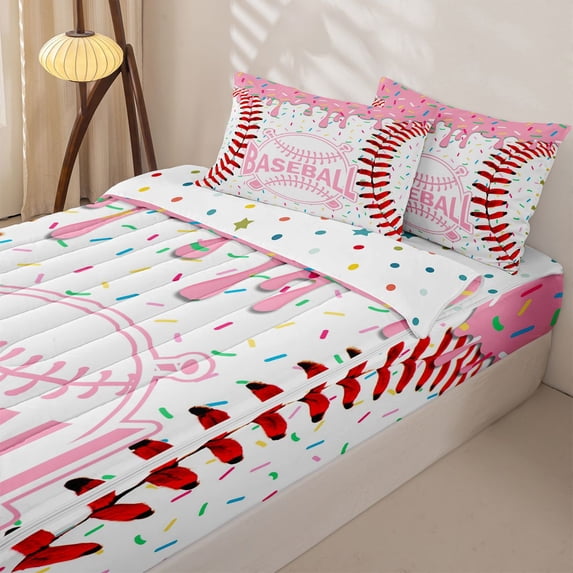 Homewish Pink Baseball Kids Zipper Full Size Comforter Sets with Fitted Sheet and 2 Pillowcases, Ice Cream Drip Zipper Bedding Set, Polka Dots Reversible, 4pcs