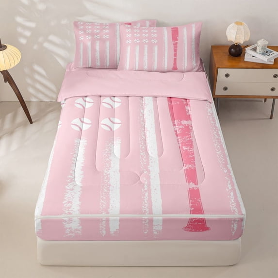 Homewish Pink Baseball Kids Zipper Twin Comforter Sets with Fitted Sheet and 2 Pillowcases, Est Sports Sleep Zipper Bedding Set, Pink Reversible, 4-Piece