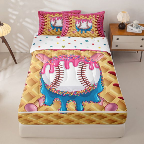 Homewish Pink Baseball Zipper Full Size Comforter Sets with Fitted Sheet and 2 Pillowcases, Cute Sport Zipper Bedding Set for Girls and Boys, Polka Dots Reversible, 4 Pieces