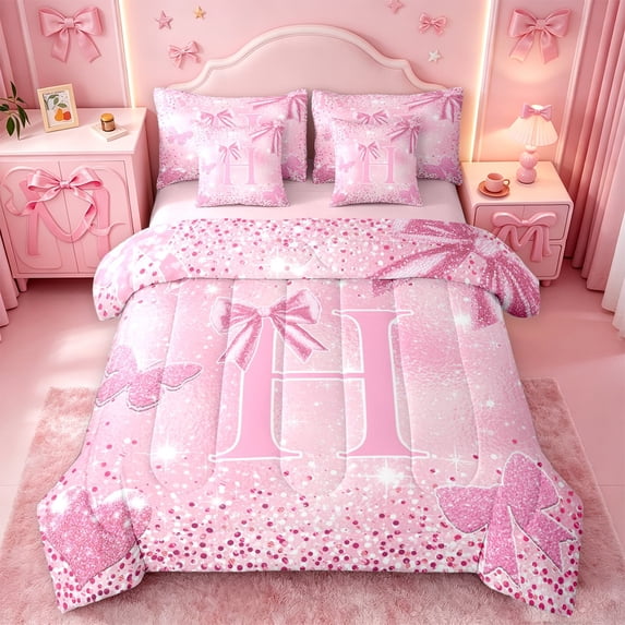 Homewish Pink Bling Print Alphabet 7 Pieces Full Size Bedding Sets,Kawaii Bowtie Butterfly Pattern Full Size Bed in a Bag For Girl,Pink Reversible