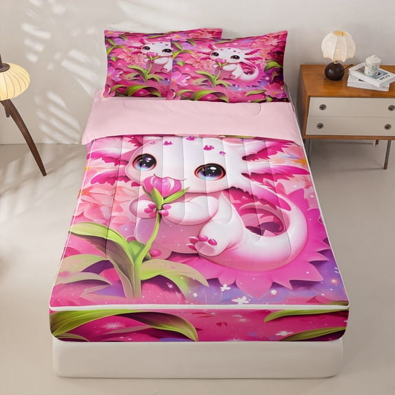 Homewish Pink Blossom Flowers Zipper Full Size Comforter Sets with Fitted Sheet and 2 Pillowcases,Cartoon Axolotl Salamander Zipper Bedding Set For Teens,Reversible,4-Piece