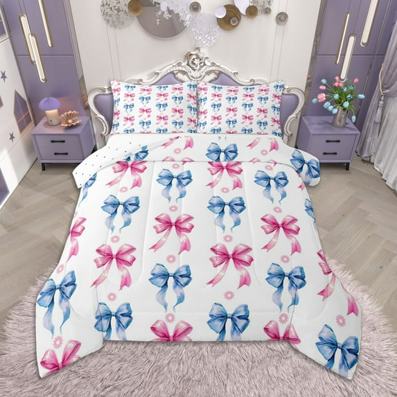 Homewish Pink Blue Bow Queen Comforter Set for Kids Girls, Kawaii Daisy Floral Bedding Sets, Watercolor Bowknot Bedding Comforter Set, Super Cozy Room Decor