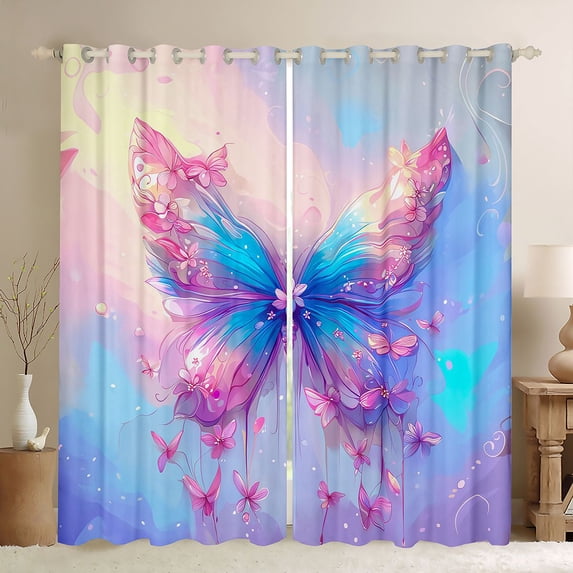 Homewish Pink Blue Butterfly Kitchen Curtains for Girls, Dreamy Rainbow Black Out Curtains Pack of 2 (42x63 Each)