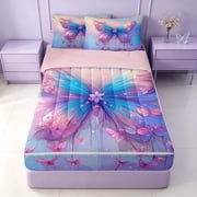 Homewish Pink Blue Butterfly Zipper Twin Comforter Sets with Fitted Sheet and 2 Pillowcases for Girls, Dreamy Rainbow Zipper Bedding Set