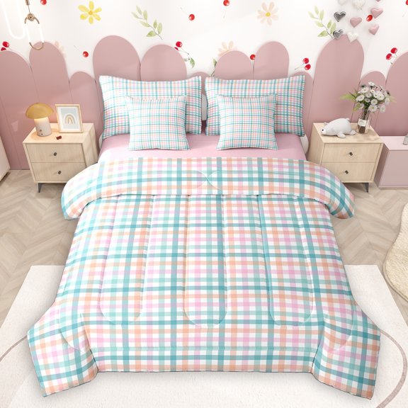 Homewish Pink Blue Checkerboard 7 Pieces Bedding Comforter Set,Geometric Plaid Grid Full Bedding Set,Modern Minimalism Artistic Fitted Sheet Flat Sheet For Kids,Breathable Home Decor Reversible
