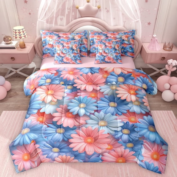 Homewish Pink Blue Daisy 7-Piece Twin Bedding Sets,Cute Cartoon Floral Bedding Comforter Set,Kawaii Flower Sheet Sets For Girls Teens,Ultra Soft Home Decor Reversible