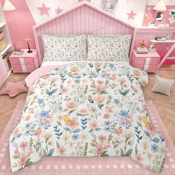 Homewish Pink Blue Flowers 2pcs Bedding Comforter Set For Teens Boys Girls,Dreamy Princess Twin Comforter Sets,Spring Garden Breathable Bedding Set,Luxury Bedroom Decor,Reversible