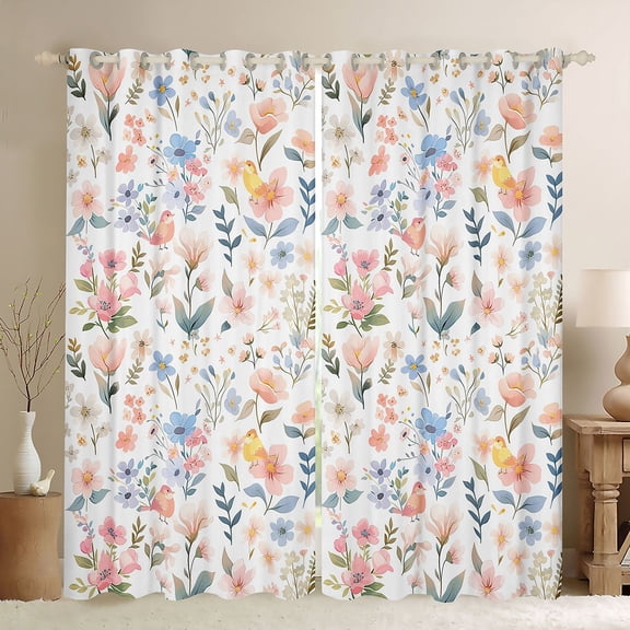 Homewish Pink Blue Flowers Black Out Curtains For Teens Boys Girls,Dreamy Princess Curtains Pack of 2 (42x63 Each),Spring Garden Bedroom Curtains,Luxury Bedroom Decor