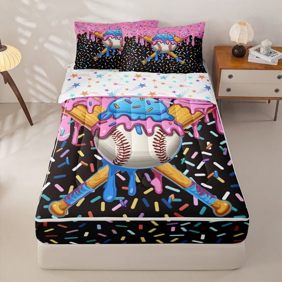 Homewish Pink Blue Ice Cream Baseball Bat Print Zipper Twin Comforter Sets with Fitted Sheet and 2 Pillowcases,Sweet Sports Theme Zipper Bedding Set For Kids Boys And Girls,Reversible,4-Piece