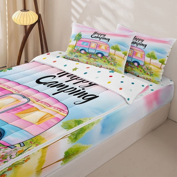 Homewish Pink Blue RV Car Camping Zipper Twin Comforter Sets with Fitted Sheet and 2 Pillowcases, Watercolor Flower Zipper Bedding Set for Women, Polka Dots Reversible, 4 Pieces