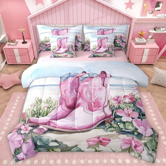 Homewish Pink Boots Bedding Comforter Set 7pcs for Teens Adults Female,Chic Floral Flowers Queen Bedding Sets Super Cozy,Western Cowgirl Queen Sheet Sets,Microfiber Bedroom Decor,Reversible