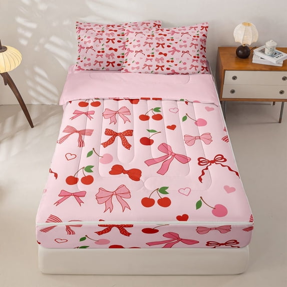 Homewish Pink Bow Cherry Zipper Twin Comforter Sets with Fitted Sheet and 2 Pillowcases, Girly Princess Cartoon Zipper Bedding Set, Pink Reversible, 4pcs