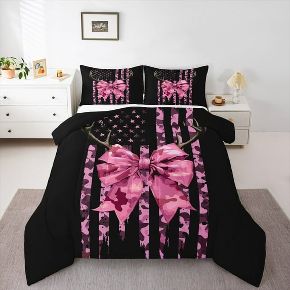 Homewish Pink Bow Knot 2pcs Bedding Comforter Set for Children Girls Female,Abstract Camouflage Twin Comforter Sets,USA Flag Breathable Bedding Set,Lightweight Room Decor,Reversible