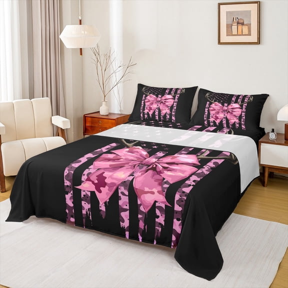 Homewish Pink Bow Knot 3pcs Twin Sheet Sets for Children Girls Female,Abstract Camouflage Twin Fitted Sheet,USA Flag Breathable Flat Sheet,Lightweight Room Decor