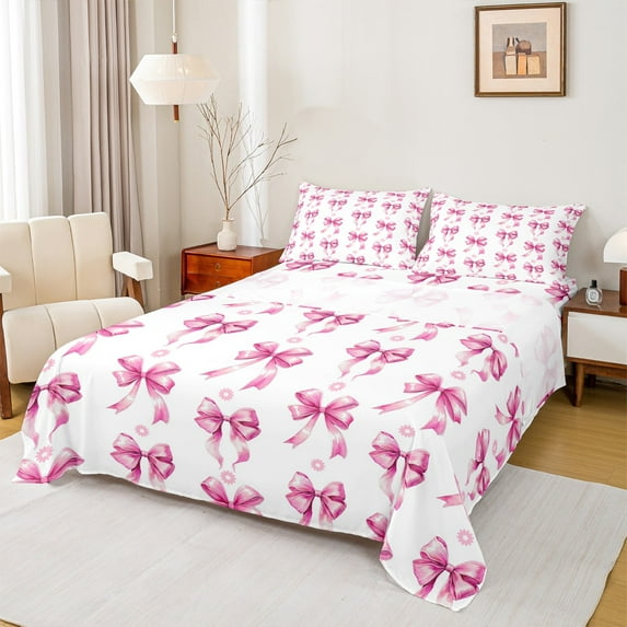 Homewish Pink Bow Queen Sheet Sets 4-Piece for Kids Girls, Kawaii Daisy Floral Flat Sheet, Watercolor Bowknot Queen Fitted Sheet, Microfiber Bedroom Decor