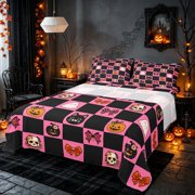 Homewish Pink Bow Skull Plaid Bed Sheets for Girls, Kawaii Ghost Cat Pumpkin Full Size Sheets, Hot Pink Black Orange, 4 Pieces 1 Flat Sheet, 1 Fitted Sheet and 2 Pillowcases