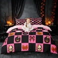 thumbnail image 1 of Homewish Pink Bow Skull Plaid Bedding for Girls, Kawaii Ghost Cat Pumpkin Duvet Cover Full, Hot Pink Black Orange, Pink Reversible 3 Pieces, 1 Duvet Cover and 2 Pillowcases, 1 of 5