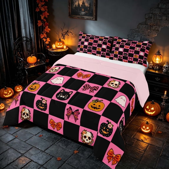 Homewish Pink Bow Skull Plaid Queen Comforter Set for Girls, Kawaii Ghost Cat Pumpkin Comforter Sets Queen, Hot Pink Black Orange, Pink Reversible, 3 Pieces 1 Comforter and 2 Pillowcases