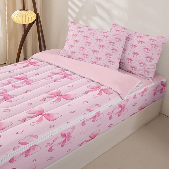 Homewish Pink Bow Star Zipper Twin Comforter Sets with Fitted Sheet and 2 Pillowcases for Girls, Dreamy Princess Theme Zipper Bedding Set, Pink Reversible, 4-Piece