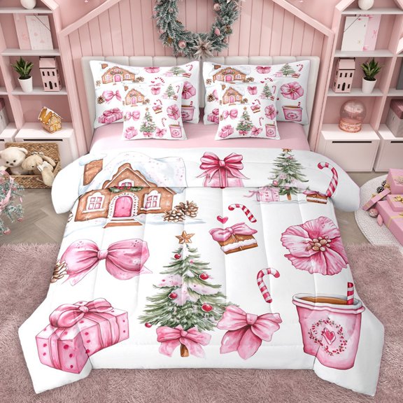 Homewish Pink Bow Tree Bedding Comforter Set 7 Pieces for Female Men Adults,Merry Christmas Xmas Full Bedding Set Lightweight,Happy New Year Fitted Sheet Flat Sheet,Luxury Bedroom Decor,Reversible