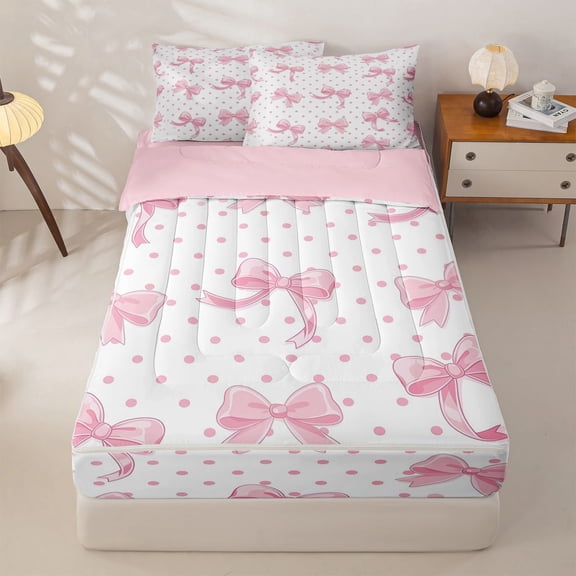 Homewish Pink Bow Zipper Twin Comforter Sets with Fitted Sheet and 2 Pillowcases For Girls,Kawaii Geometric Circles Pattern Zipper Bedding Set For Kids,Pink Reversible,4 Pieces