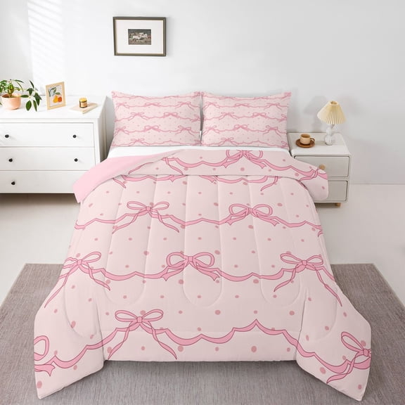 Homewish Pink Bowknot 2pcs Bedding Comforter Set For Girls,Dreamy Princess Twin Comforter Sets,Polka Dots Breathable Bedding Set,Luxury Bedroom Decor,Reversible