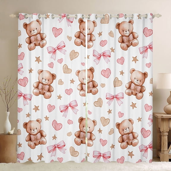 Homewish Pink Bowknot Bear Black Out Curtains, Cartoon Love Heart Print Curtains Pack of 2 (42x63 Each), Teens Kids Boys Girls Bedroom Curtains, Living Room Curtains Decor