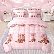 Homewish Pink Bowknot Boot Twin Bedding Sets 7-Piece for Kids, Western Bowgirl Bowboy Bedding Comforter Set, Fashion Buffalo Plaid Reversible Sheet Sets, Lightweight Room Decor