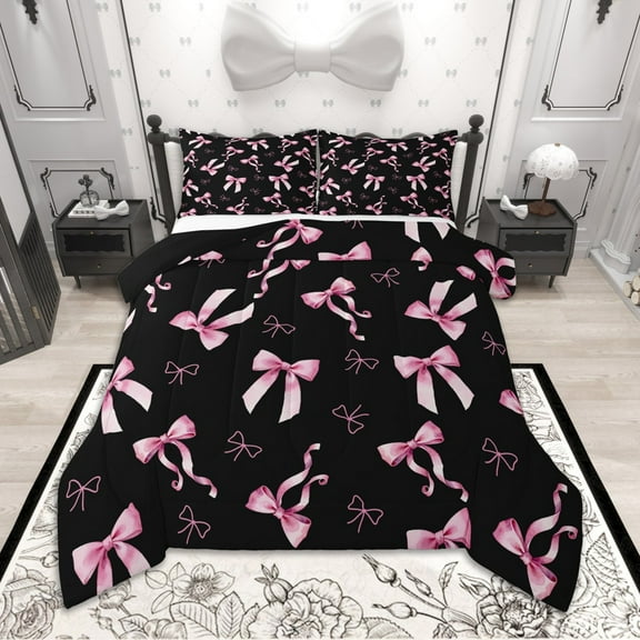 Homewish Pink Bowknot Bowtie Bedding Comforter Set for Girls, Princess Bow Knot Twin Comforter Sets, Black Pink Bedding Set, Lightweight Room Decor