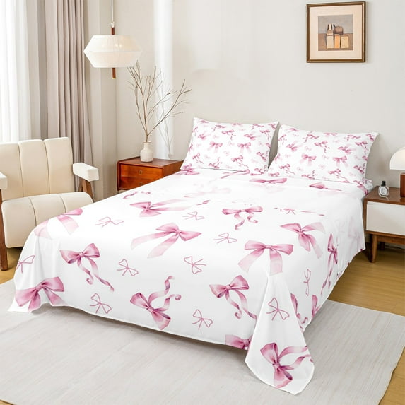 Homewish Pink Bowknot Bowtie Full Size Sheets 4 Pieces for Girls, Princess Bow Knot Bed Sheets, White Pink Sheet Sets, Super Cozy Room Decor