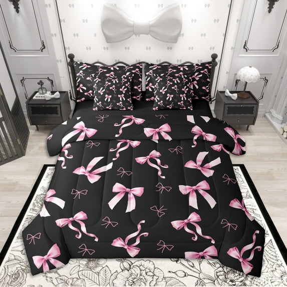 Homewish Pink Bowknot Bowtie Twin Bedding Sets 7-Piece for Girls, Princess Bow Knot Bedding Comforter Set, Black Pink Sheet Sets, Lightweight Room Decor