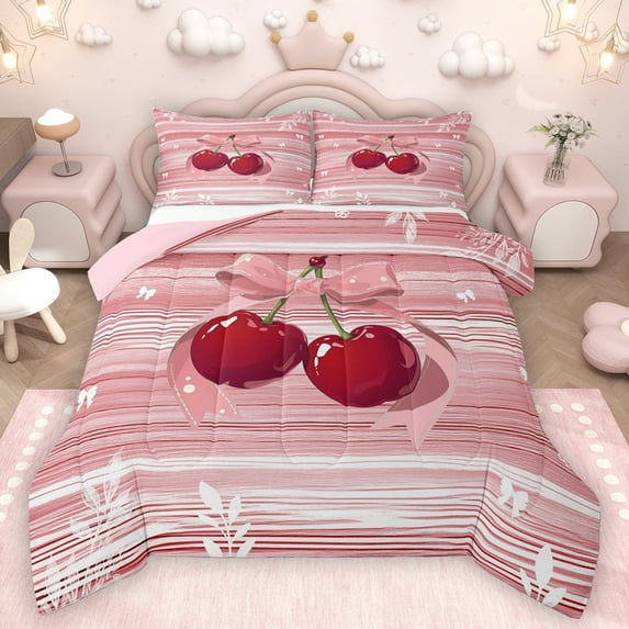 Homewish Pink Bowknot Cherry Full Size Comforter Sets for Girl, Chic Fashion Stripes Abstract Bedding Comforter Set, Valentine's Day Reversible Bedding Sets, Microfiber Bedroom Decor, 3pcs