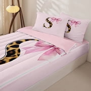 Homewish Pink Bowknot Letter S Zipper Twin Comforter Sets with Fitted Sheet and 2 Pillowcases, Cheetah Leopard Print Zipper Bedding Set for Girls Kids, Pink Reversible, 4 Pieces