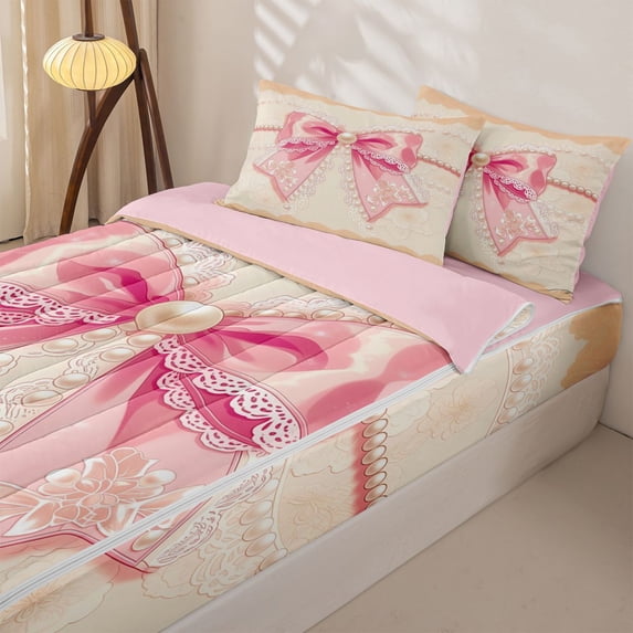 Homewish Pink Bowknot Pearl Zipper Full Size Comforter Sets with Fitted Sheet and 2 Pillowcases, Vintage Ribbon Zipper Bedding Set, Pink Reversible, 4-Piece