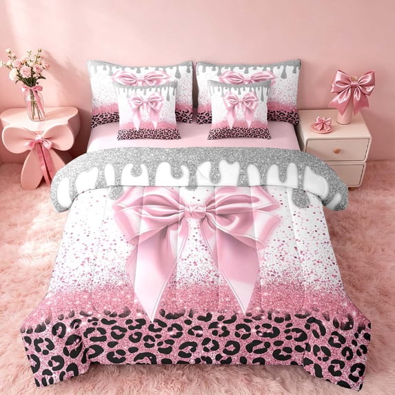 Homewish Pink Bowknot Twin Bedding for Princess Girls, Glitter Cheetah Print Bedding Comforter Set, Pink Reversible, 7 Pieces