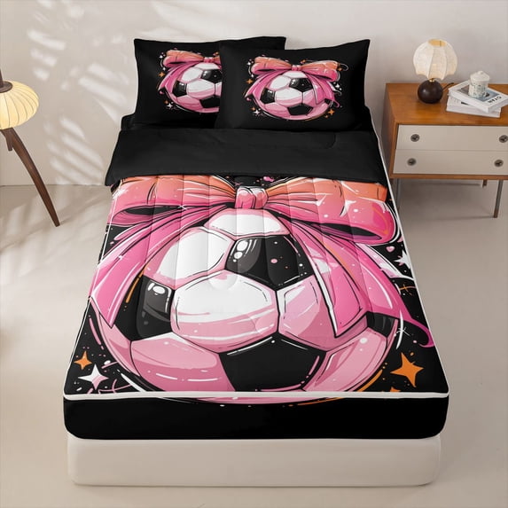 Homewish Pink Bowknot Zipper Full Size Comforter Sets with Fitted Sheet and 2 Pillowcases For Girls,Football Games Zipper Bedding Set For Kids,Black Reversible,4-Piece