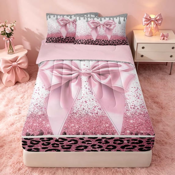 Homewish Pink Bowknot Zipper Twin Comforter Sets with Fitted Sheet and 2 Pillowcases for Princess Girls, Glitter Cheetah Print Zipper Bedding Set