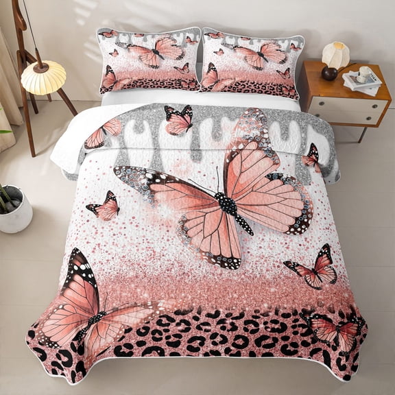 Homewish Pink Butterfly Quilt Full for Girls, Glitter Leopard Print Full Bedspread Sets