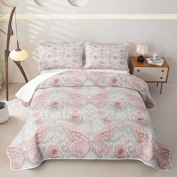 Homewish Pink Butterfly Quilt King,Cartoon Flying Animals King Coverlet Set For Girls Kids,3-Piece