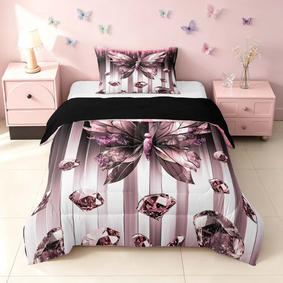 Homewish Pink Butterfly Twin Comforter Sets, Diamonds Glitters Print Bedding Set, Black Reversible, 2 Pieces 1 Comforter and 1 Pillowcase
