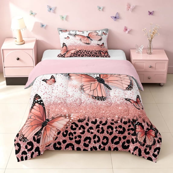 Homewish Pink Butterfly Twin Comforter Sets for Girls, Glitter Leopard Print Bedding Set, Pink Reversible, 2-Piece 1 Comforter and 1 Pillowcase