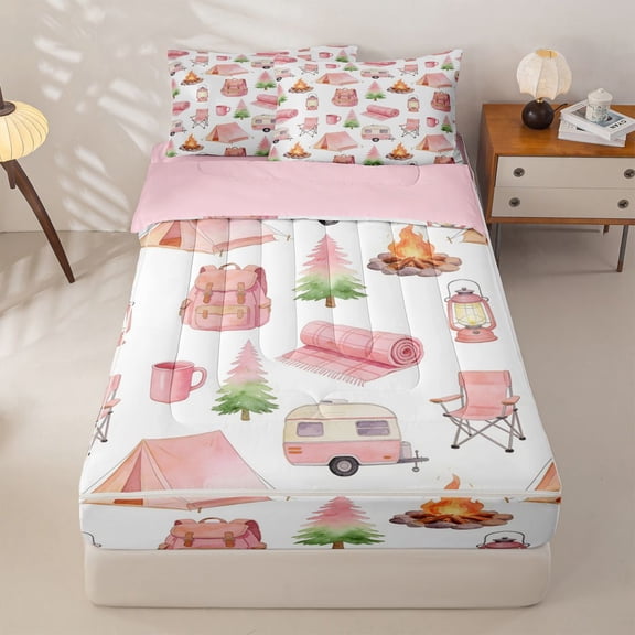 Homewish Pink Camping RV Zipper Twin Comforter Sets with Fitted Sheet and 2 Pillowcases For Travel Trailers,Camper Adventure Zipper Bedding Set For Kids,Pink Reversible,4-Piece