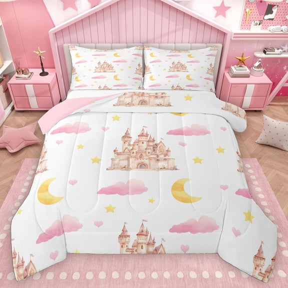 Homewish Pink Castle Bedding Comforter Set 2pcs for Teens Adults Female,Dreamy Princess Twin Comforter Sets Microfiber,Stars Print Breathable Bedding Set,Super Cozy Room Decor,Reversible
